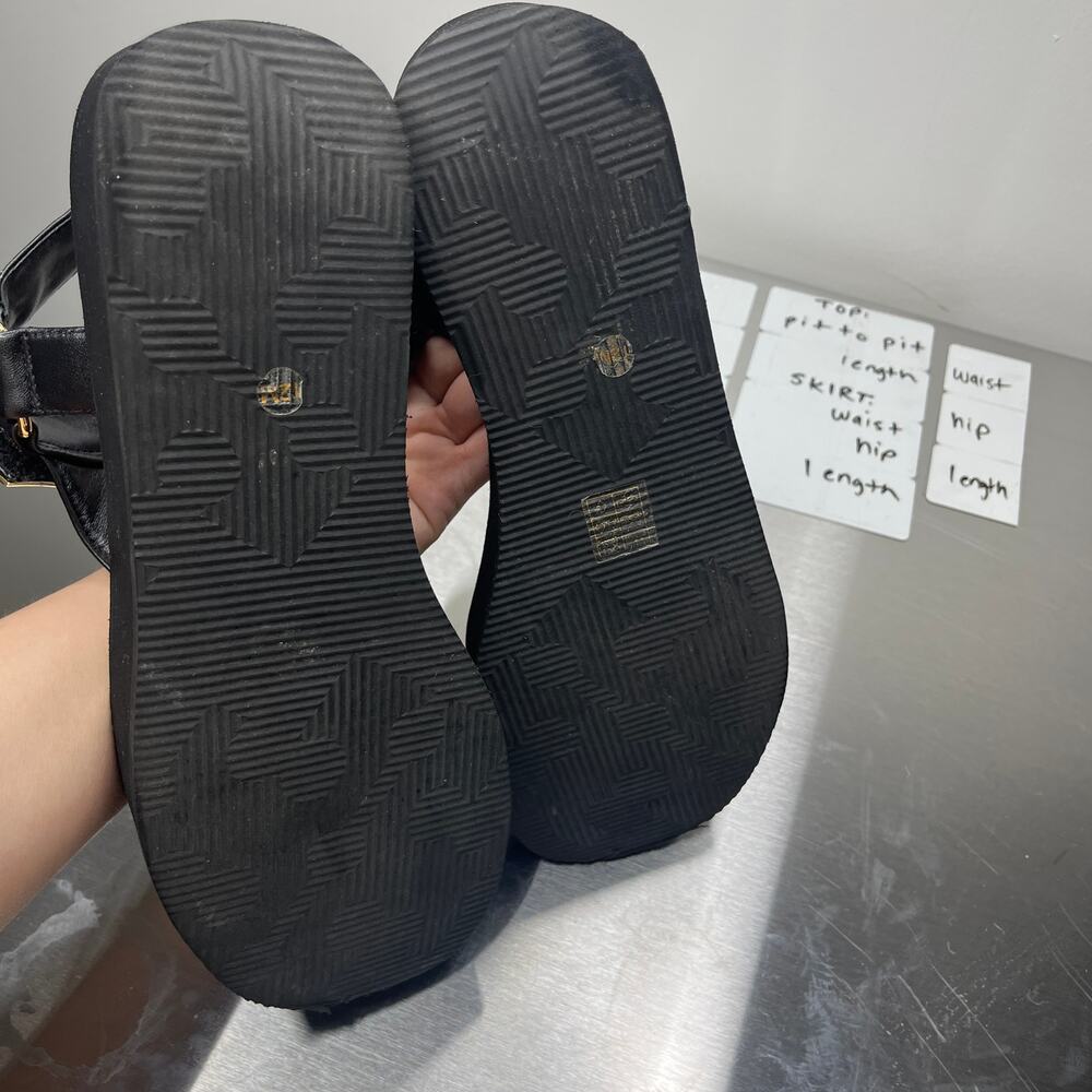 Tory Burch Sandals 12M 42.5 Mellow Platform Black Gold Logo Leather Hook & Loop - Picture 8 of 12